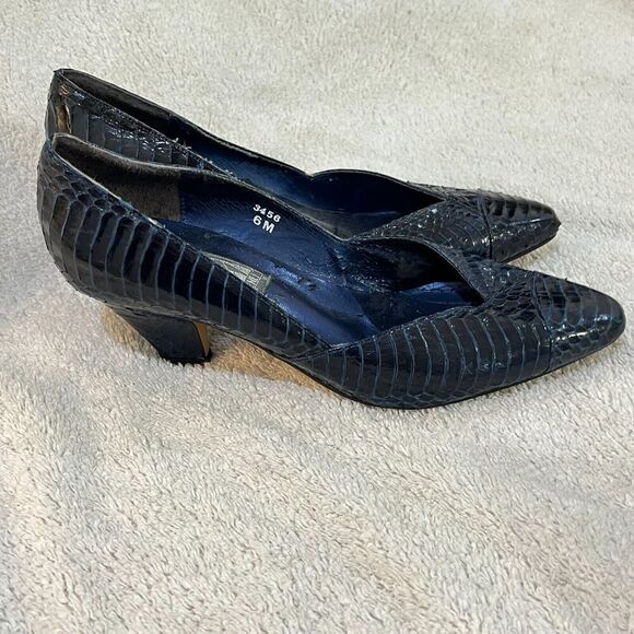 Vtg J Renee Womens Navy Blue Pump Heels 6M Snakeskin Stiletto Pointed Toe 90s - Picture 9 of 14